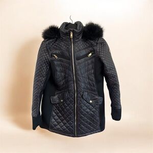 Michael Kors Black Quilted Puffer Jacket with Faux Fur